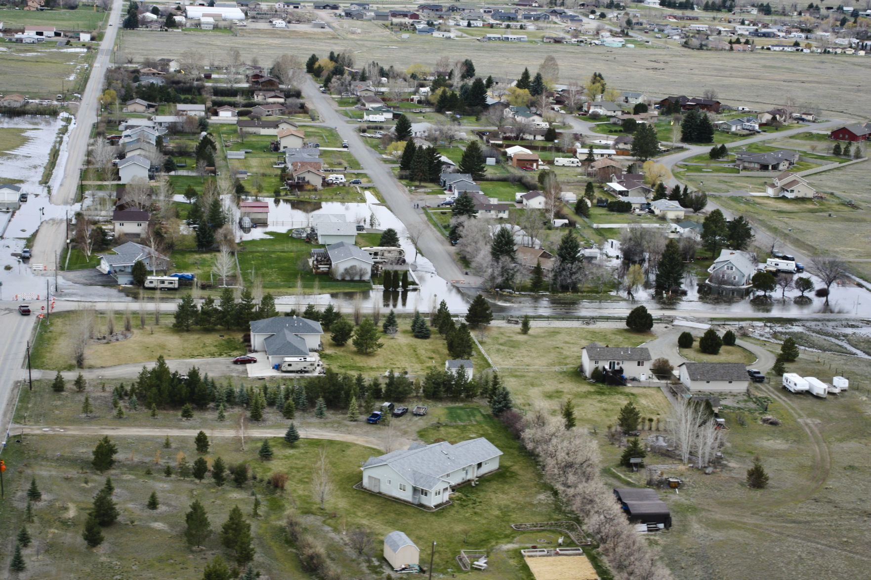 An aerial view of flooding caused by Ten Mile Creek in the Helena Valley.